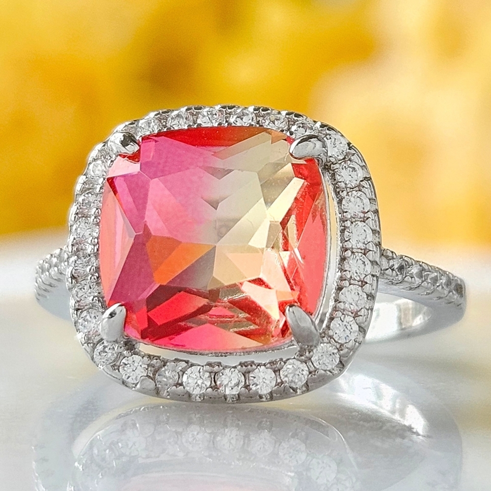 Cushion Pink and Peach Tourmarine Ring, 925 Sterling Silver Charmed Aroma